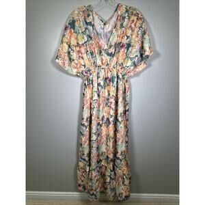 World‎ Market Mira Watercolor Floral Maxi Dress S/M Teal & Orange Kaftan Boho